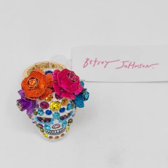 Betsey Johnson Floral Sugar Skull Stretch Ring NWT!  NEW!  Day of the Dead - Picture 6 of 8